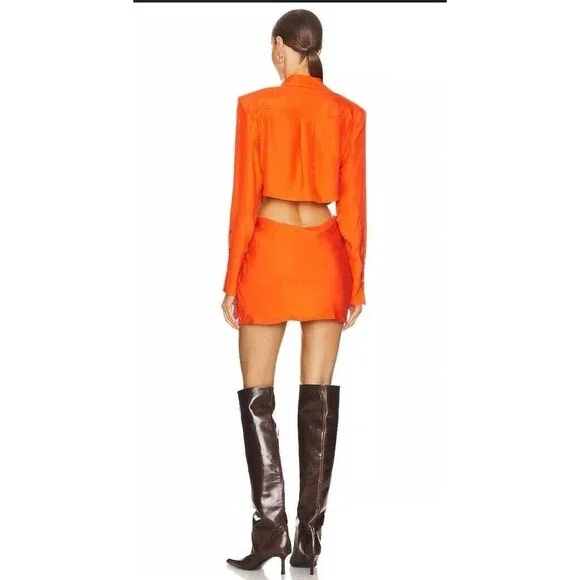 $660 GAUGE81 Mandarin Plunge Neck Cutout Dress Long Sleeve 100% Silk Women Small
